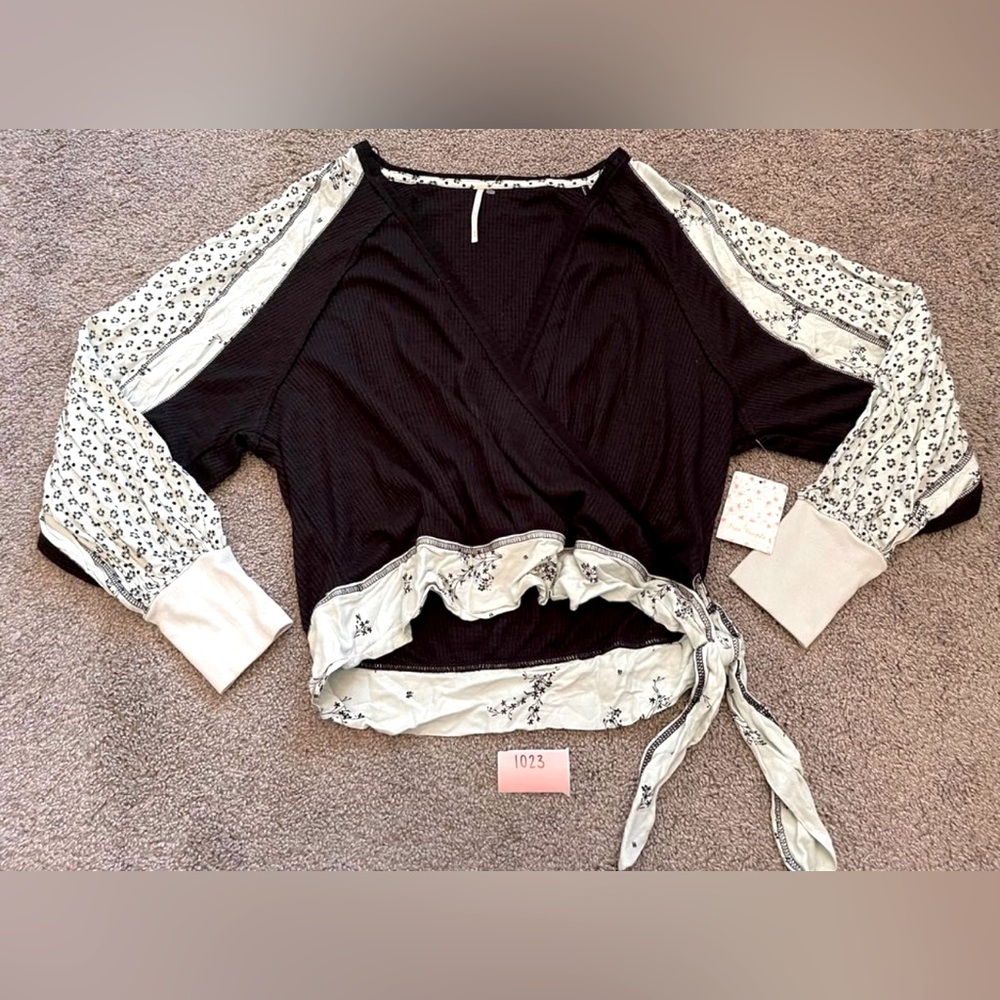 Free People Auxton Thermal Top Faux Wrap Blouse Black and Mint Size medium
